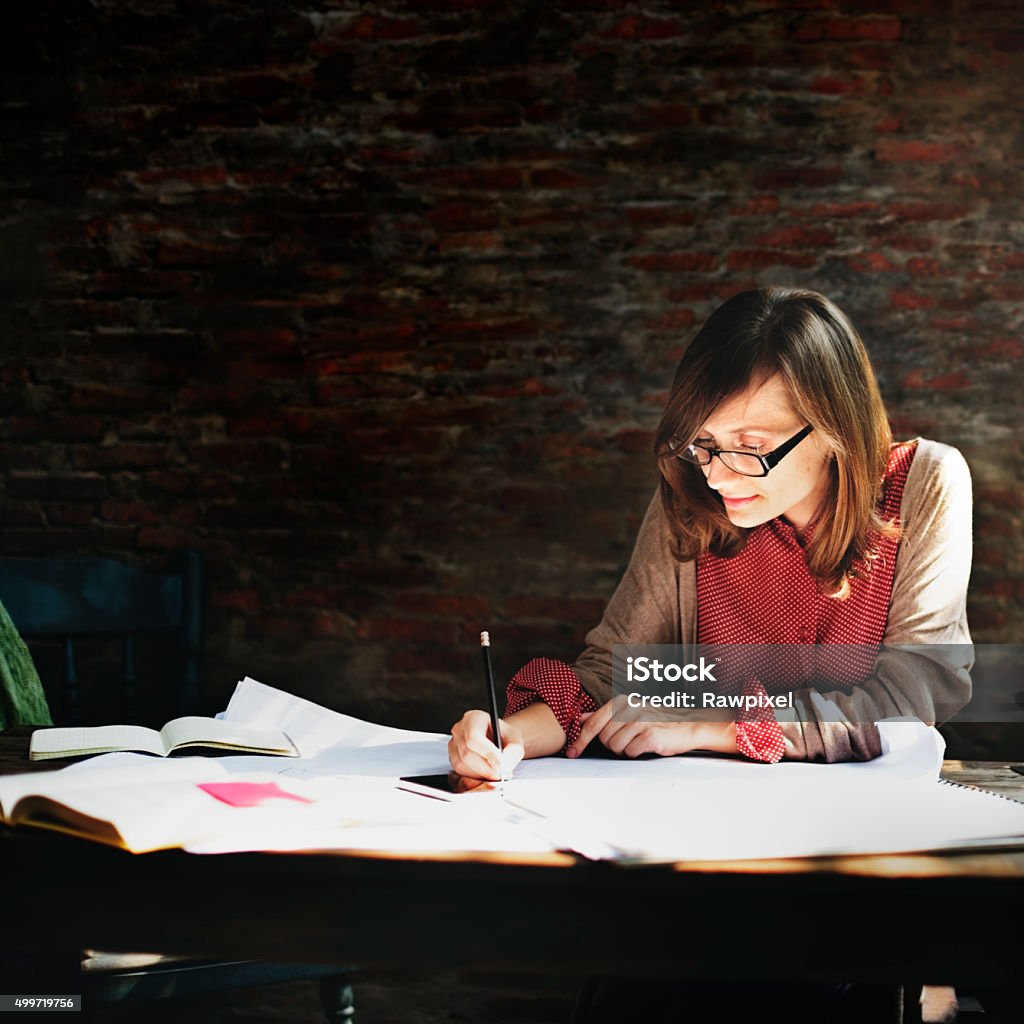 Architecture Woman Working Blue Print Workspace Concept 2015 Stock Photo