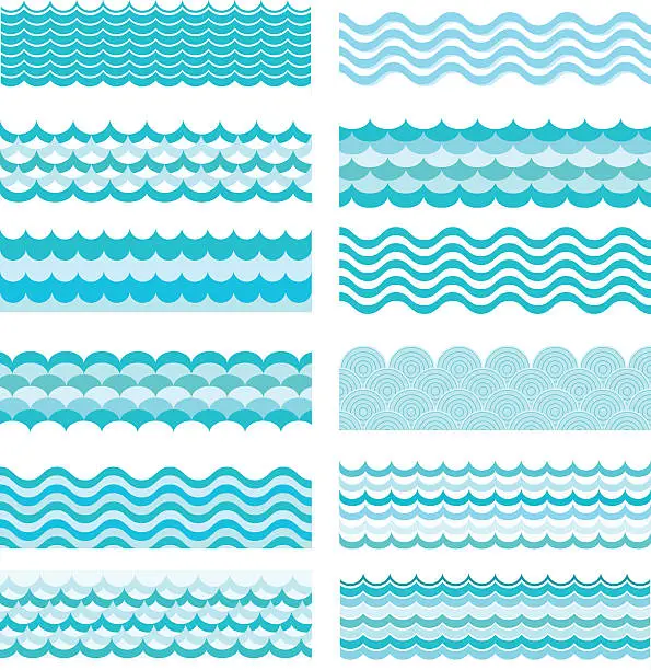 Vector illustration of Collection of marine waves. Sea wavy, ocean art water design.