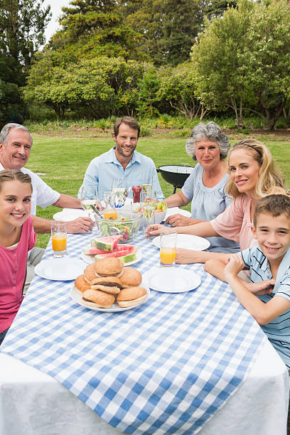 istock Cheerful extended family having dinner outdoors at picnic table 499720763
