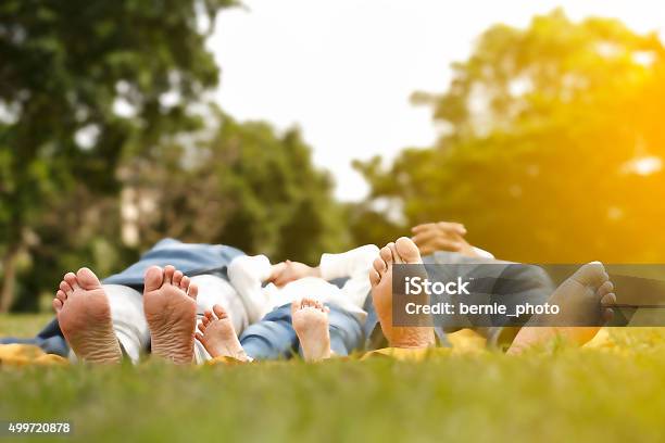 Happy Family Lying Outdoors Together Barefoot Stock Photo - Download Image Now - Family, Grass, Adult