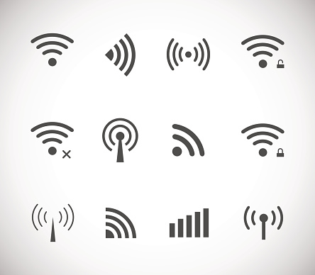 Set of different black vector wireless and wifi icons for remote access and communication via radio waves
