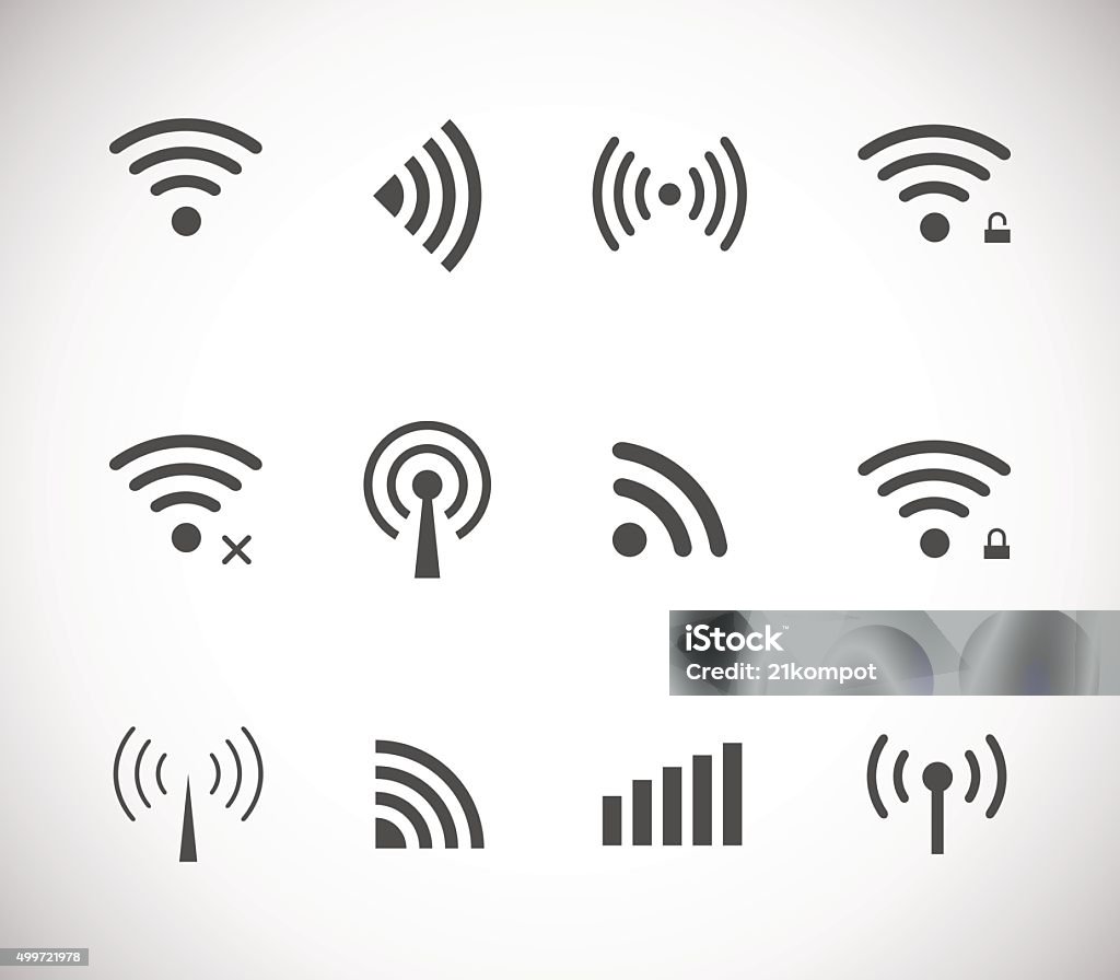 Set of different black vector wireless and wifi icons Set of different black vector wireless and wifi icons for remote access and communication via radio waves Icon Symbol stock vector