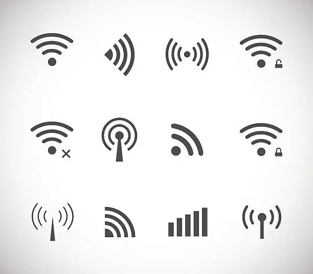 Vector illustration of Set of different black vector wireless and wifi icons