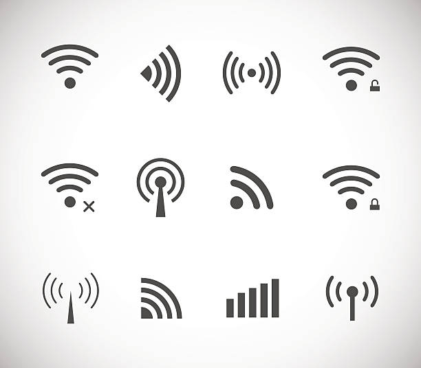 set of different black vector wireless and wifi icons - 可移動性 圖片 幅插畫檔、美工圖案、卡通及圖標