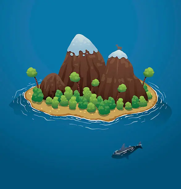 Vector illustration of Island in the sea with a shark