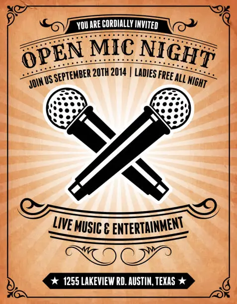 Vector illustration of Open Mic Night Invitation on royalty free vector Background Poster