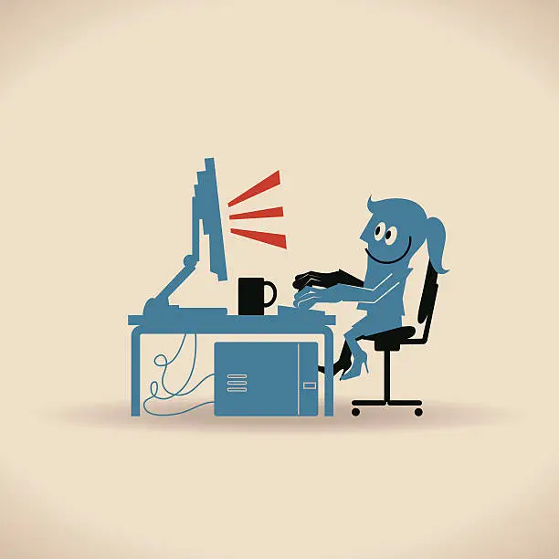 Vector illustration of Happy Businesswoman Using Laptop Computer At Desk Sitting On Chair