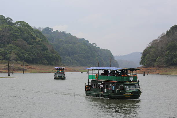Boat Safari Thekkady, India - March 9, 2013:  Tourists enjoys the Boat Safari at Periyar wildlife reserve facilitated by the Kerala forest department to provide a unique experience of viewing the wildlife and nature from the boat which ensures safety and animals free from disturbances. periyar wildlife sanctuary stock pictures, royalty-free photos & images