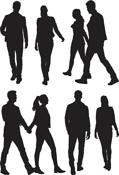 Couple holding hands and walking vector art illustration