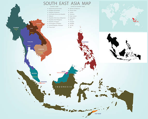 맵 남동풍 아시아 쪼개짐 백색과 국가 - silhouette cartography singapore map stock illustrations