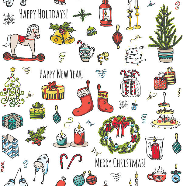 Merry Christmas Seamless background Hand drawn sketchy Happy New Year elements Doodle vector illustration Candles gift boxes christmas tree wreath stocking candy canes cookie bells holly decoration Merry Christmas scent container stock illustrations