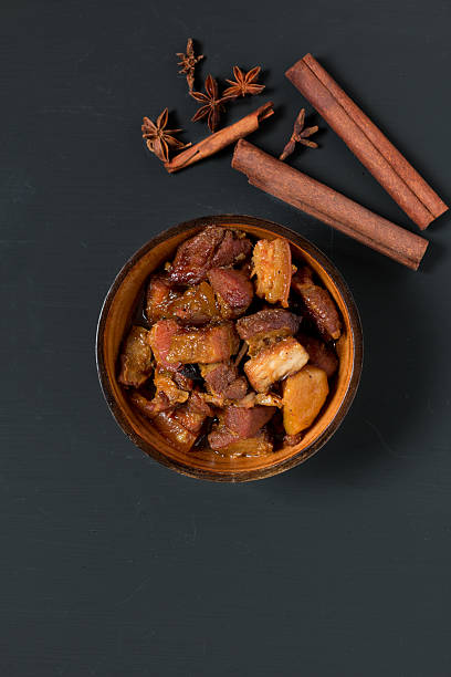 Chinese pork belly caramelized and braised in soy sauce stock photo