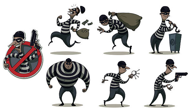 illustrazioni stock, clip art, cartoni animati e icone di tendenza di robbers in maschere colorate set - weapon burglary thief burglar