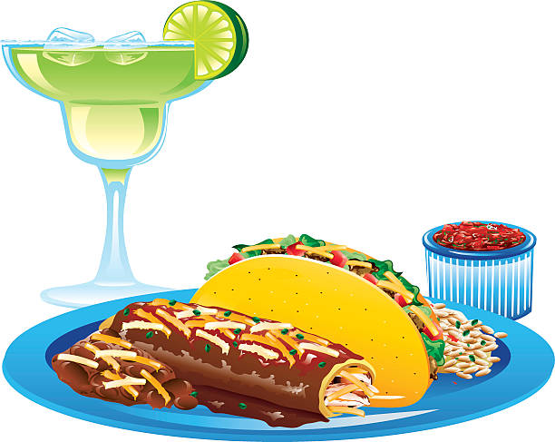 Enchilada meal Illustration of a hard taco meal with spanish rice, refried beans, and a magarita. shredded chicken stock illustrations