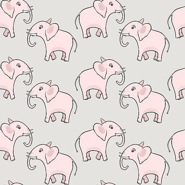 Vector illustration of seamless pattern with cartoon pink elephants