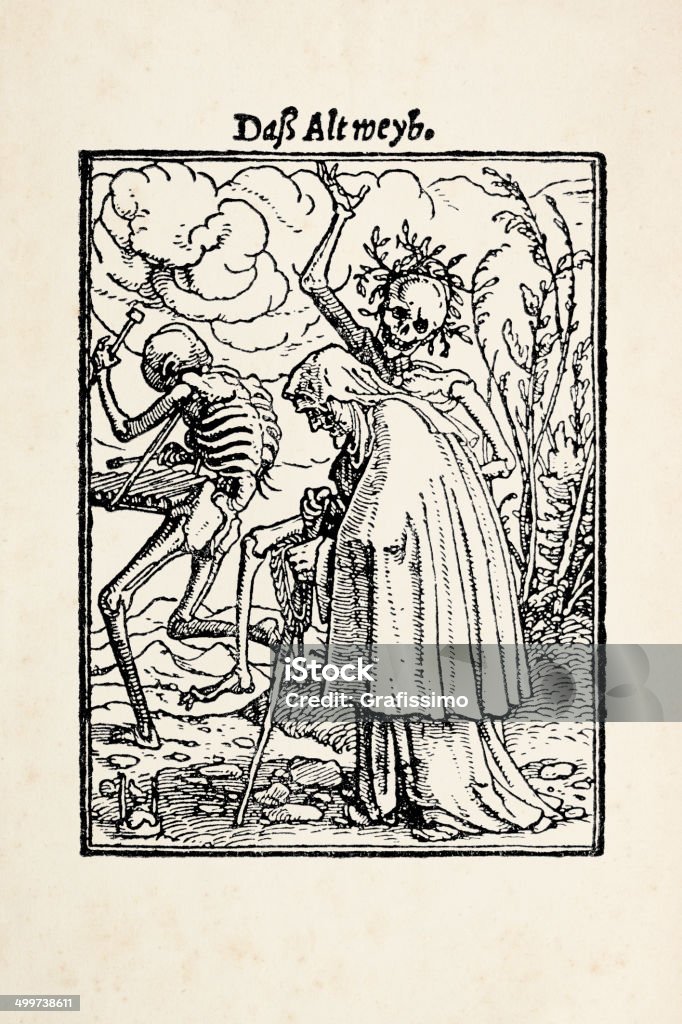 Mujer con el esqueleto de danza de la muerte después de Holbein - Ilustración de stock de Cartas del Tarot libre de derechos