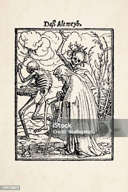 Ilustración de Mujer Con El Esqueleto De Danza De La Muerte Después De Holbein y más Vectores Libres de Derechos de Cartas del Tarot