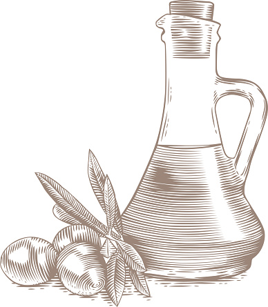 Drawing of olives with leaves and bottle with oil