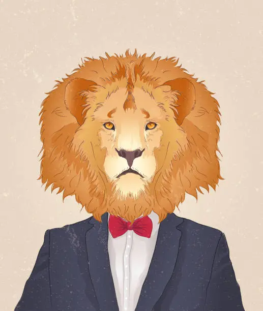 Vector illustration of Lion dressed up in suit with red bow