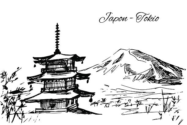 illustrazioni stock, clip art, cartoni animati e icone di tendenza di disegno a mano multi-store pagoda giapponese scena - tokyo prefecture japan skyline japanese culture