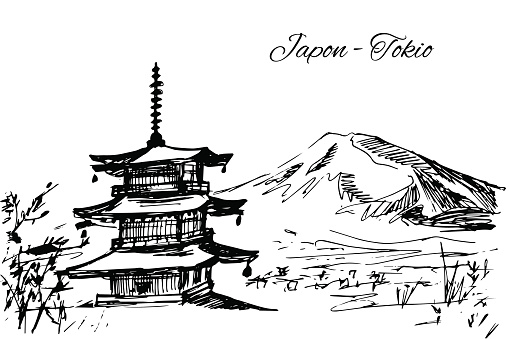 Hand drawn japanese multi-store pagoda scene