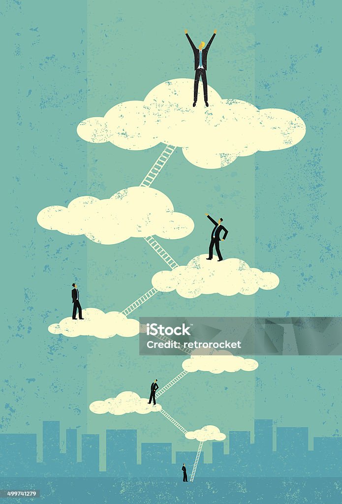 Businessmen reaching seventh heaven Successful businessmen climbing the corporate ladder to seventh heaven. The people and ladders are on a separate labeled layer from the background. Cloud - Sky stock vector