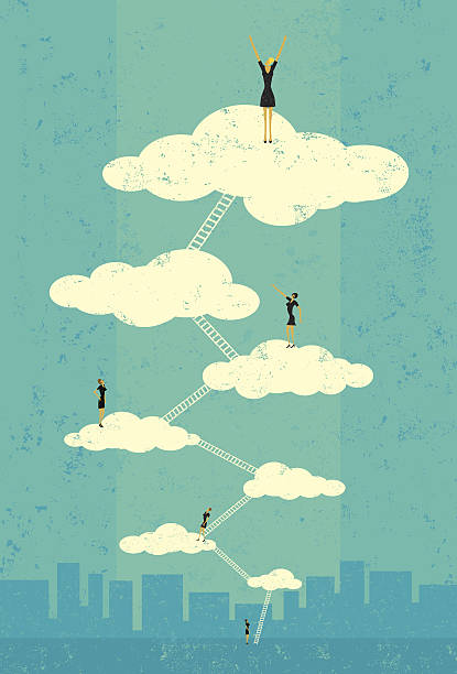illustrazioni stock, clip art, cartoni animati e icone di tendenza di businesswomen'raggiungere settimo cielo - ideas concepts ladder cloud