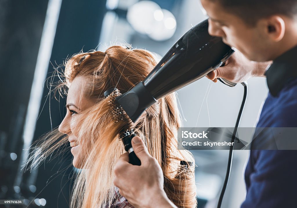Smiling Woman Getting Her Hair Styled And Hair Salon Stock Photo - Download  Image Now - iStock