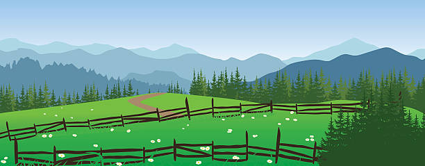 illustrazioni stock, clip art, cartoni animati e icone di tendenza di montagne paesaggio con prato e alberi. - fence hill mountain range mountain