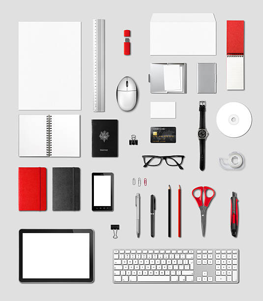istock Office supplies mockup template, grey background 499745726
