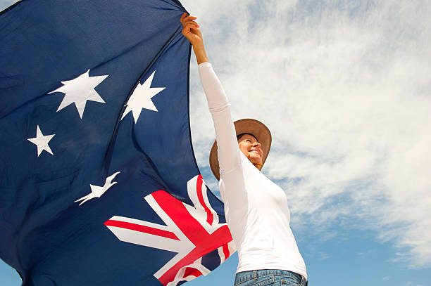istock Woman with akubra hat and Australian flag 499746150
