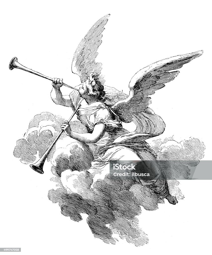 Antique illustration of angel playing  trumpets Antique illustration of a dressed angel playing two trumpets while sitting on a cloud. This engraving was realised by Sebastien Leclerc as a part of his tapestry representing the Four Season Angel stock illustration