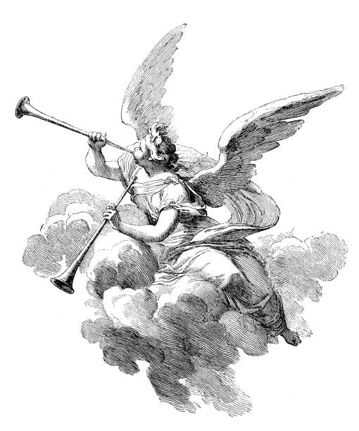 Antique illustration of angel playing  trumpets Antique illustration of a dressed angel playing two trumpets while sitting on a cloud. This engraving was realised by Sebastien Leclerc as a part of his tapestry representing the Four Season angel wings drawing stock illustrations