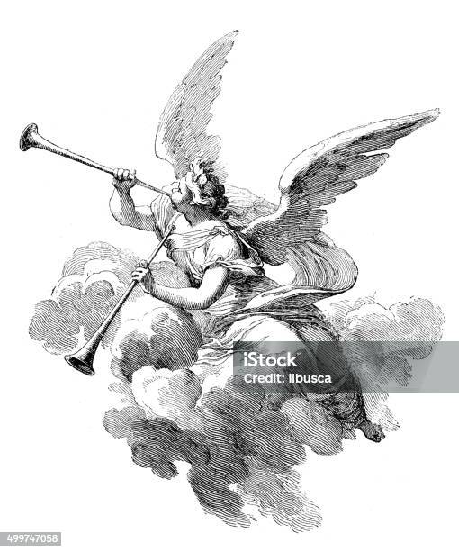 Antique Illustration Of Angel Playing Trumpets Stock Illustration - Download Image Now - Angel, Engraved Image, Cloud - Sky