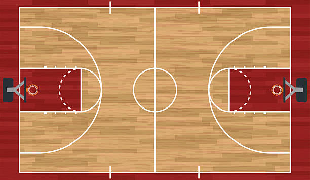 Realistic Basketball Court Illustration A realistic hardwood textured basketball court illustration. EPS 10. File contains transparencies. sports field stock illustrations