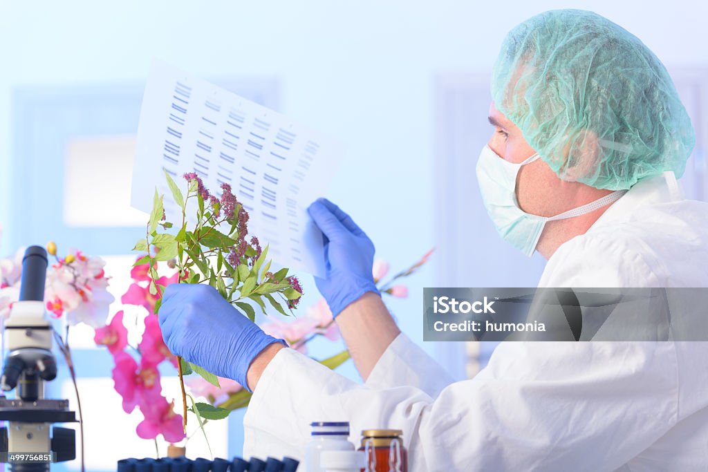 Analizing DNA Scientist analizing DNA sequence for identity Chart Stock Photo