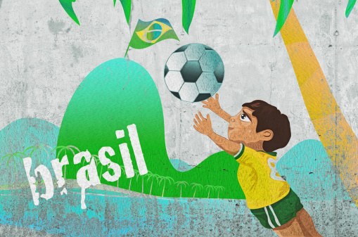 graffiti  with brazilian boy with football on concrete wall, collage from vector elements with photo,