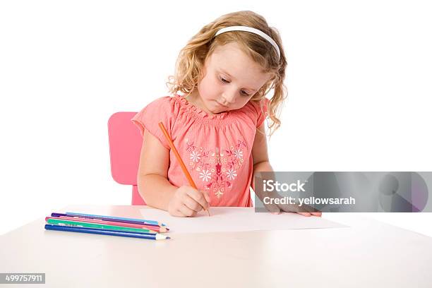 Writing Preschooler Stock Photo - Download Image Now - 4-5 Years, Blond Hair, Chair