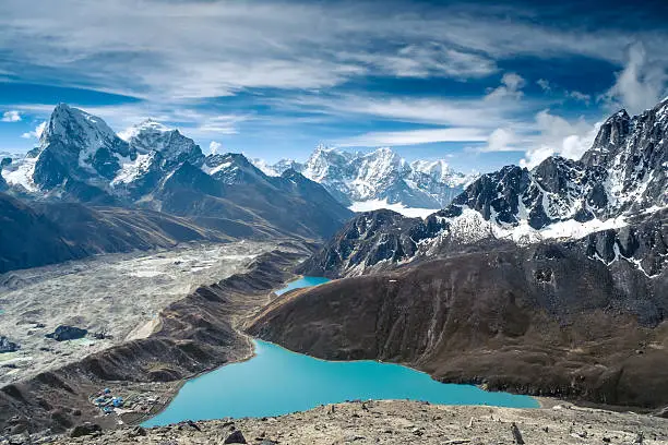 Beautiful snow-capped mountains with lake against the blue sky. Himalaya, Nepal