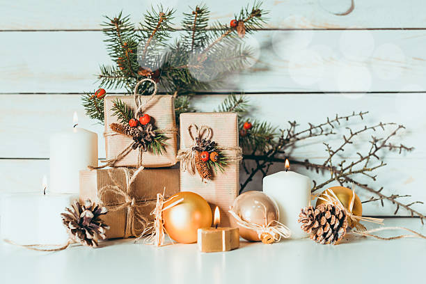 istock Gift boxes with ribbons and christmas decor 499767722