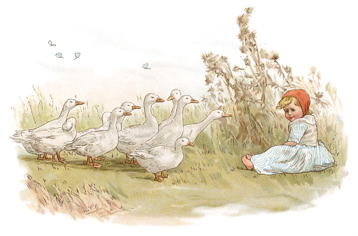 A little girl sitting alongside a flock of curious geese - she does not appear to be frightened by them. From “The Land of Little People”. Poems by Frederic E Weatherly, pictures by Jane M Dealy. Published by Hildesheimer & Faulker, London and Scribner & Welford, New York, 1886.