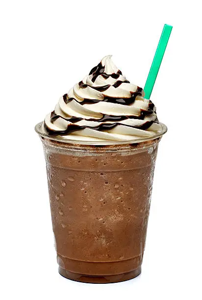 Frappuccino in takeaway cup on white background