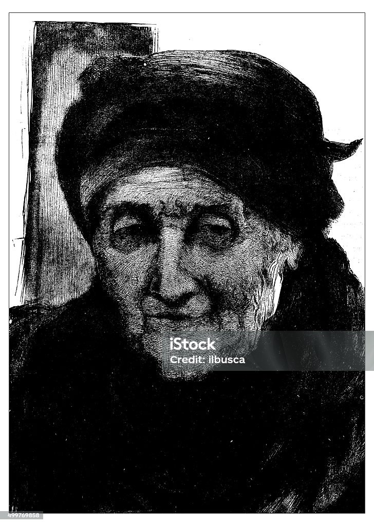 Antique illustration (facsimile) by Hubert Herkomer: souvenir of Rembrandt Antique illustration (fac-simile) by Hubert Herkomer: souvenir de Rembrandt.  Copy of an etching by Herkomer (Grosvenor Gallery). Portrait of the artist depicting the old man with wrinkled face and a head covering 19th Century stock illustration