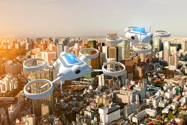 istock Police drone with blue emergency lights flying over a city 499771018