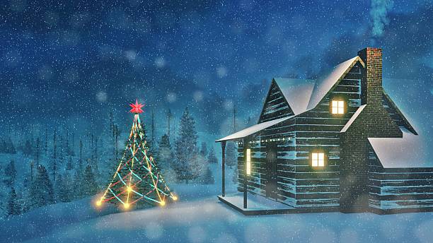 istock Decorated Christmas tree and cozy house at night 499771038