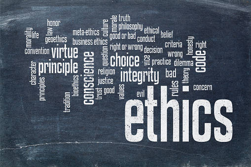 cloud of words or tags related to ethics and moral dilemma - white chalk text on  a slate blackboard blackboard