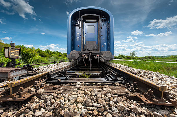 Last wagon of a blue train stock photo