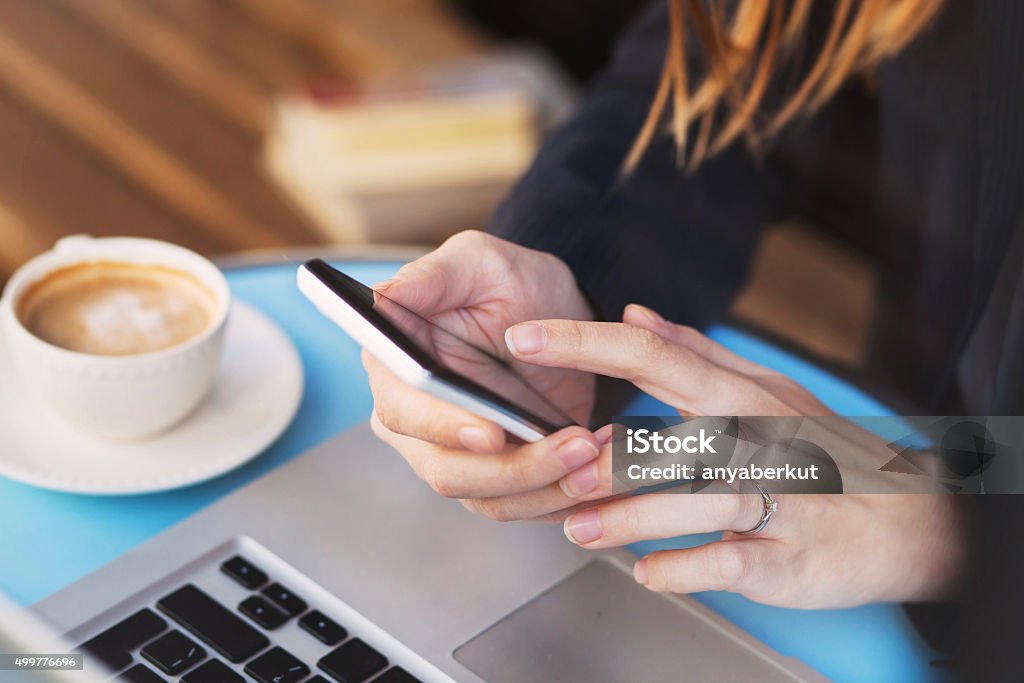 mobile internet mobile internet, wifi connection on smartphone in cafe Mobile Phone Stock Photo