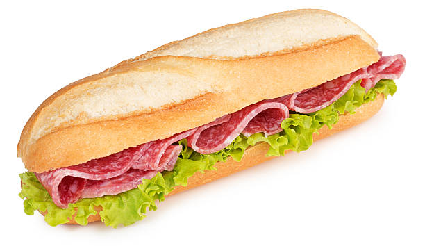 salame y lechuga sándwich - sandwich submarine delicatessen salami fotografías e imágenes de stock