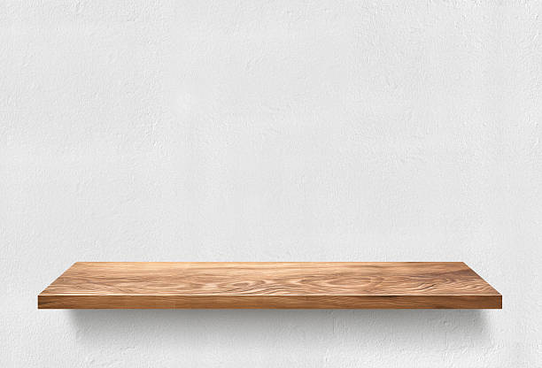 istock Wooden shelf on white wall 499779802